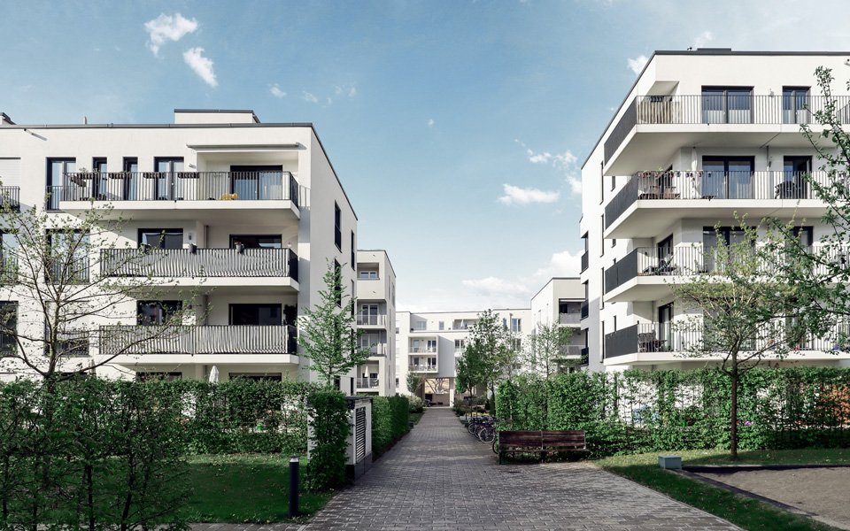 A pedestrian path between apartment buildings