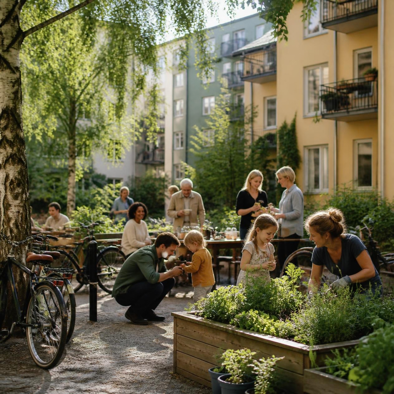 Residents gathering around raised garden beds